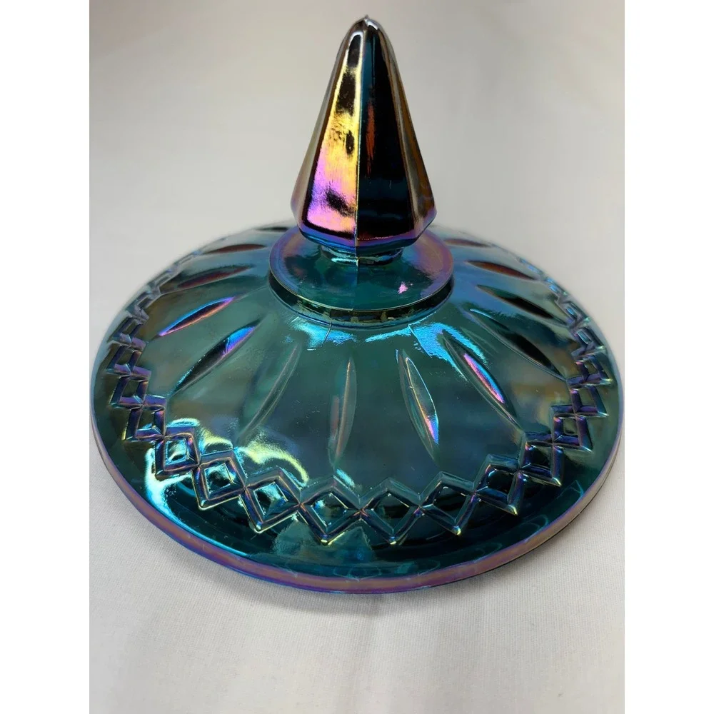 VTG Indiana Glass Iridescent Peacock Blue Carnival Glass Candy Dish w/ Lid 5.5
